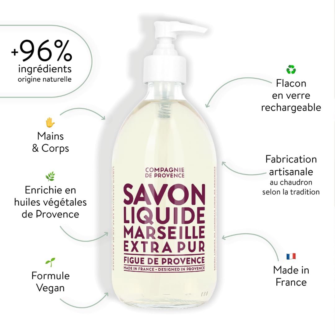 Flüssige Marseille-Seife mit Markierungen. Enthält 96% natürliche Inhaltsstoffe, vegane Formel, Flasche aus Glas, hergestellt in Frankreich.