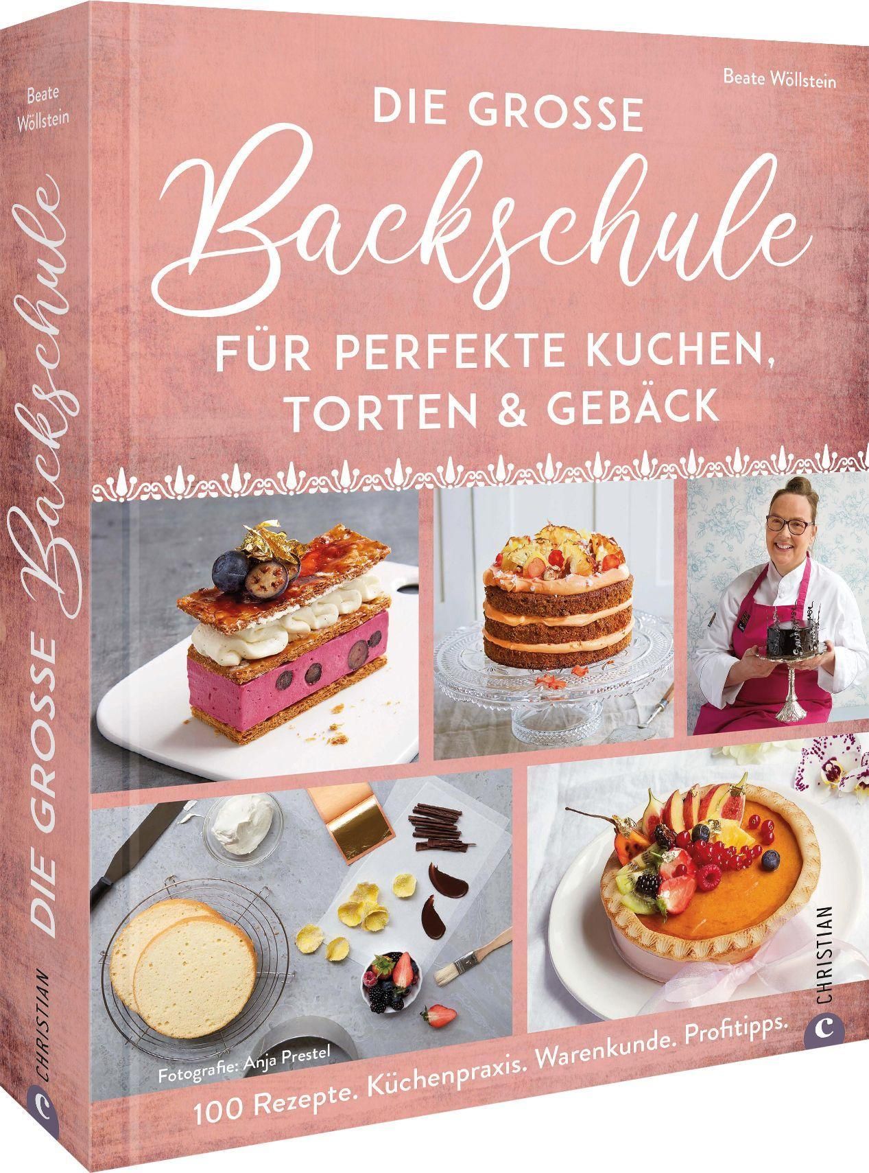 Buchcover: "Die große Backschule". Rosa Hintergrund, Titel in Weiß. Abbildungen von Kuchen und Torten. Verlag: Christian.