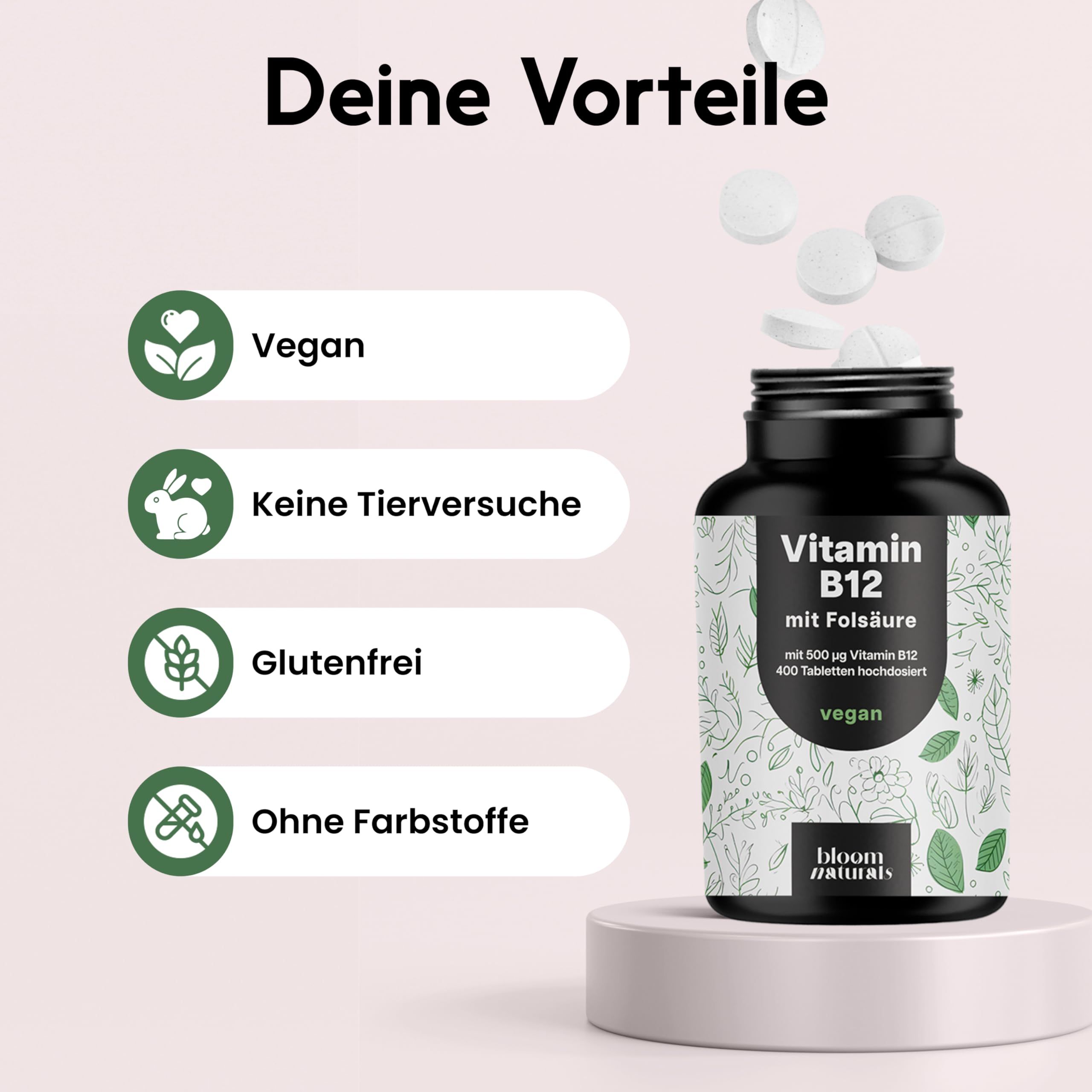 Flasche mit Tabletten und Icons. Text: Vegan, Keine Tierversuche, Glutenfrei, Ohne Farbstoffe. Flasche mit weißem Etikett. Marke: bloom naturals.