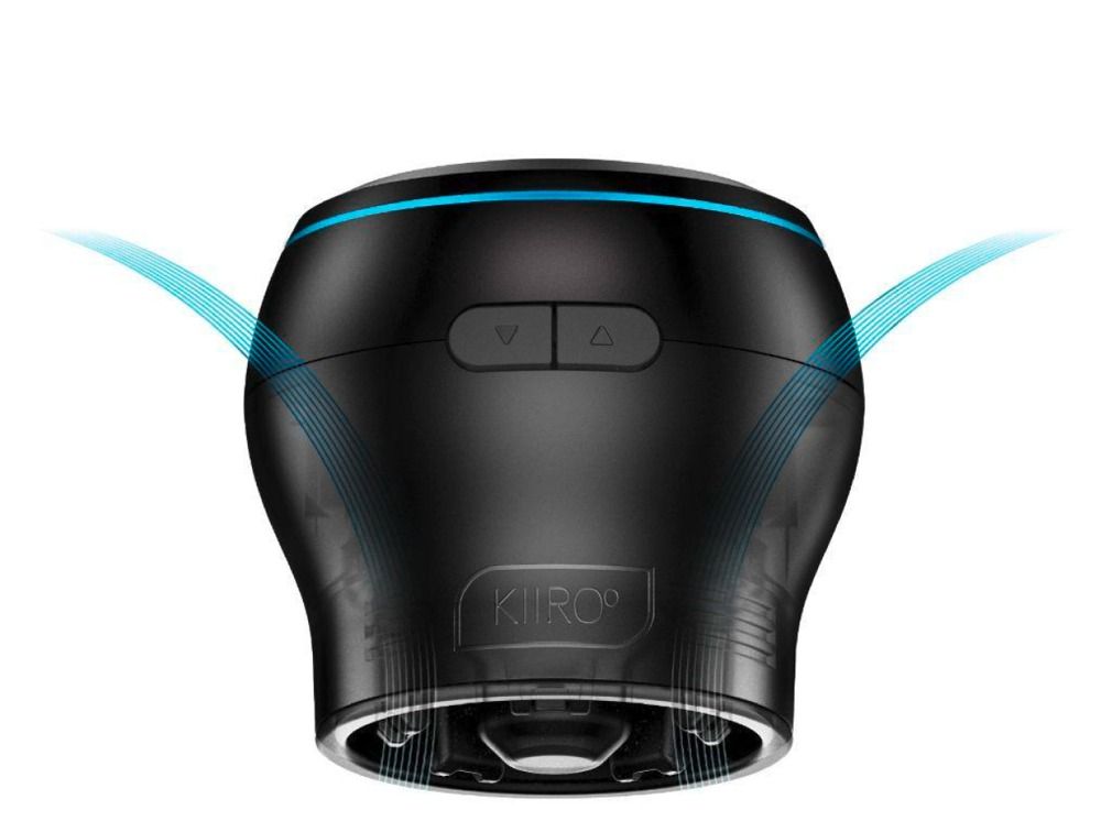 Schwarzes Gerät mit blauer Leuchte. Zwei Knöpfe. Blaue Linien zeigen Luftbewegung. KIIROO-Logo.