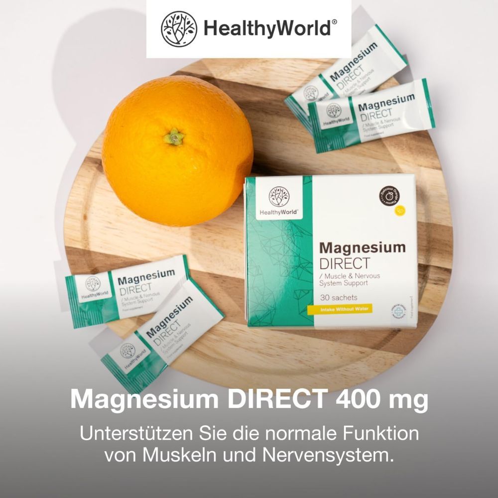 Orangen und Magnesium DIRECT 400 mg, 30 Beutel. Marke HealthyWorld.