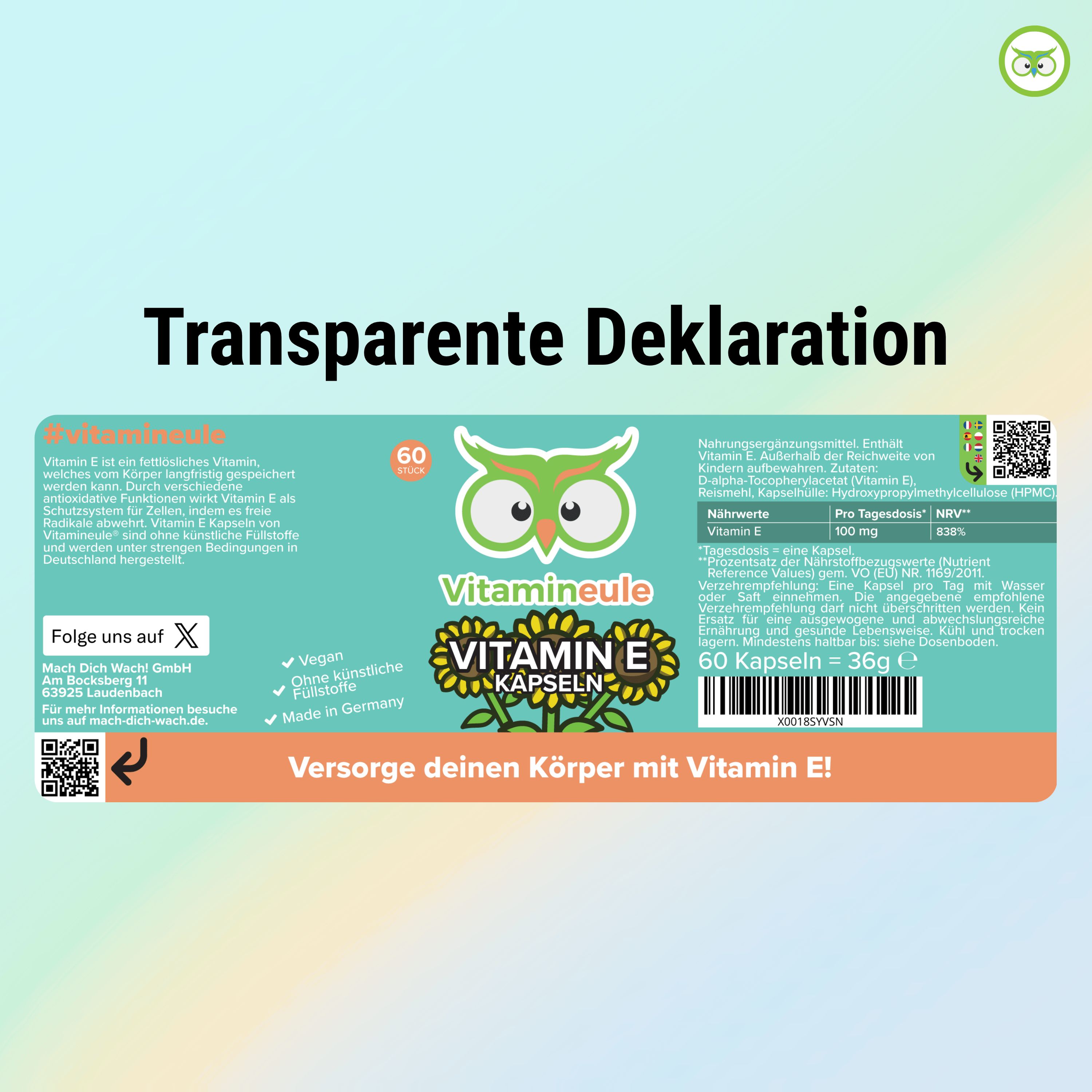 Etikett mit Informationen zu Vitamin E Kapseln. Aufschrift: Vitamineule, Vitamin E Kapseln, 60 Kapseln, 36g. Enthält Nährwertangaben.