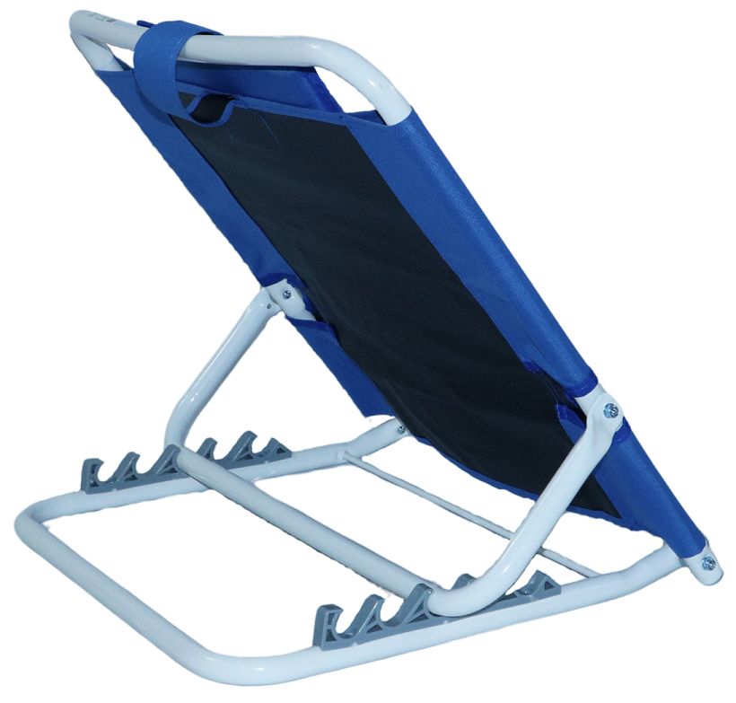 Blauer Stoff, weißer Rahmen, verstellbar. Für Behinderte, Senioren und Pflegebedürftige. Rückansicht.