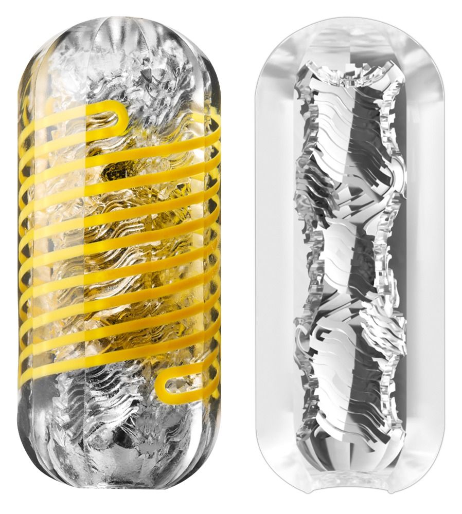 Zwei transparente Produkte mit gelben Spiralen und inneren Strukturen. Aufschrift nicht sichtbar.