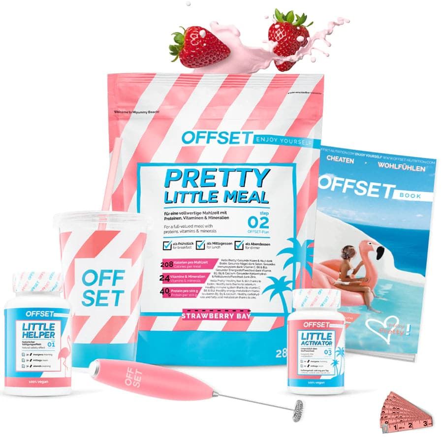 Produkt-Set mit Beuteln, Pillen, einem Buch und einem Mixer. Aufschrift: OFFSET, Pretty Little Meal, Strawberry Bay. Erdbeeren und Spritzer.