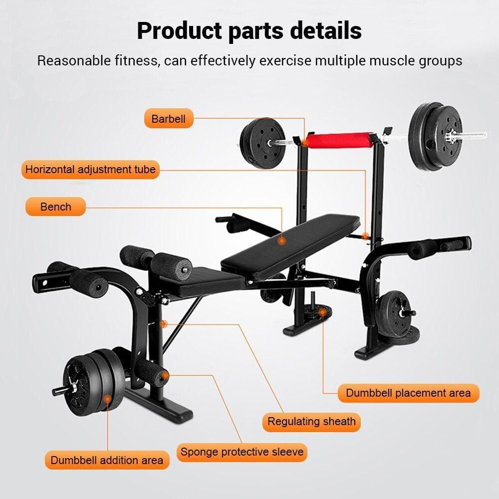 Hantelbank mit Beschriftungen: Barbell, Bench, Dumbbell addition area, Dumbbell placement area. Mit Gewichten und roter Schutzhülse.