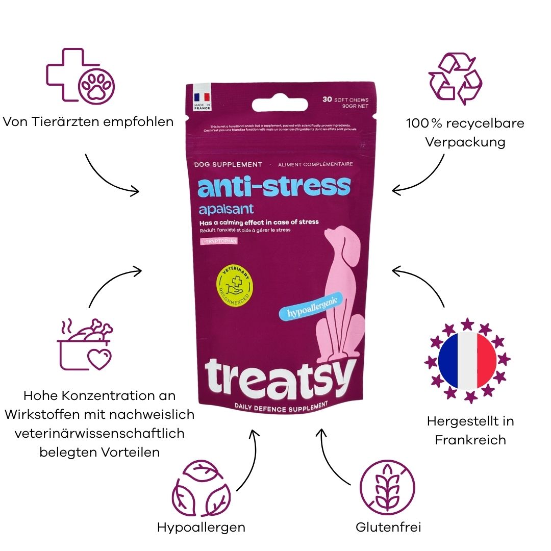 Beutel mit Anti-Stress-Ergänzungsfuttermittel für Hunde. Mit Logos: 'Von Tierärzten empfohlen', '100% recycelbare Verpackung', 'Glutenfrei'. Marke: Treatsy.