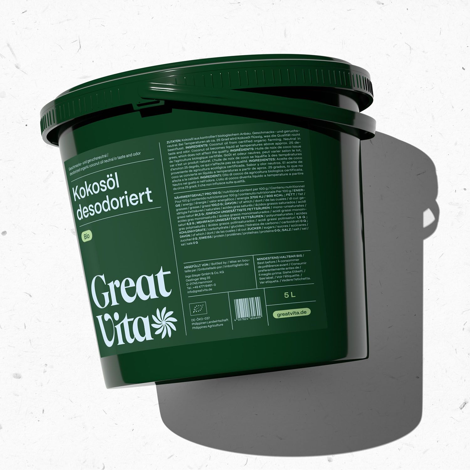 Grüner Eimer mit Deckel. Aufschrift: Kokosöl desodoriert, GreatVita. Bio-Siegel. Schatten.