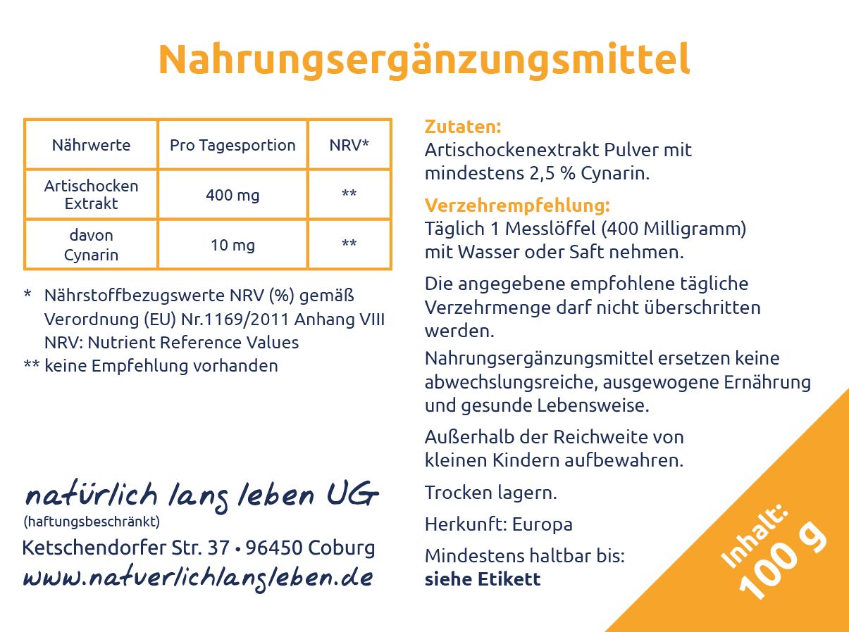 natürlich lang leben Artischockenextrakt 100 g Pulver