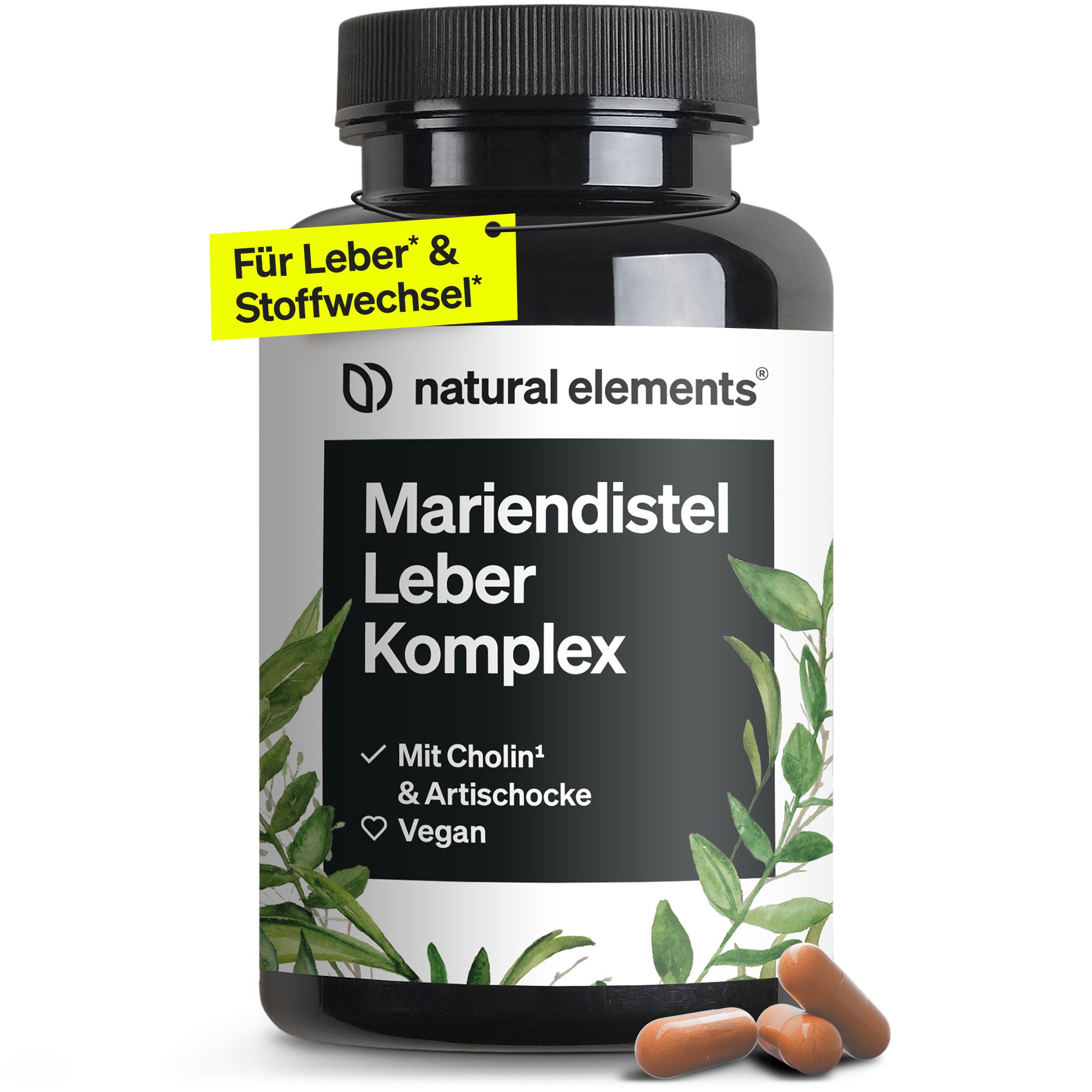 Braune Kapseln neben einer schwarzen Flasche Mariendistel Leber Komplex. Text: Für Leber & Stoffwechsel. Logo natural elements.