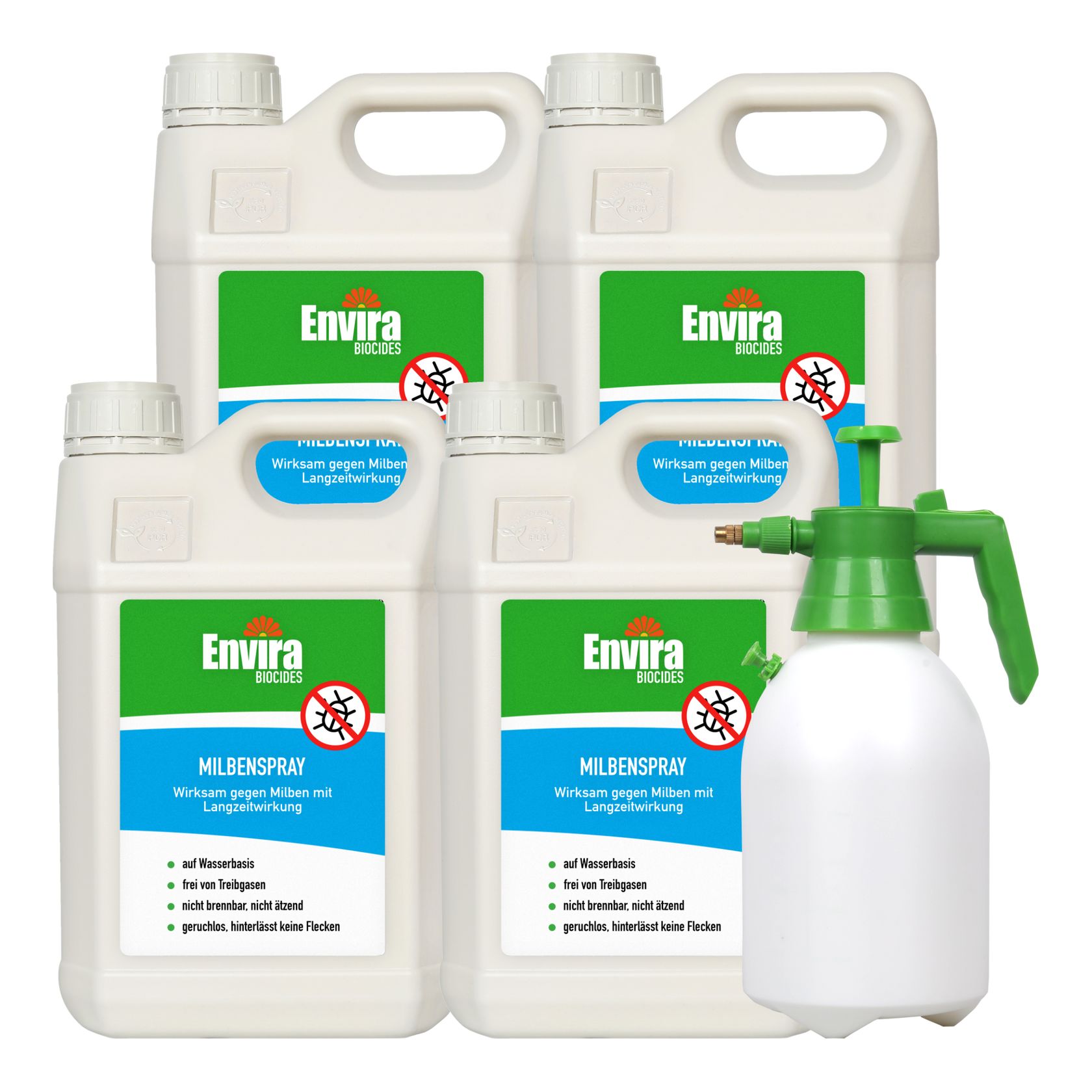 Mehrere weiße Kanister und eine Sprühflasche. Aufschrift: Envira Milbenspray. Mit Drucksprüher.
