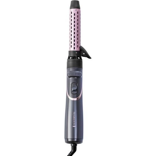 Haarstyler mit Lockenstabaufsatz. Grau-rosafarbenes Gerät mit Knöpfen und Kabel. Remington-Logo.