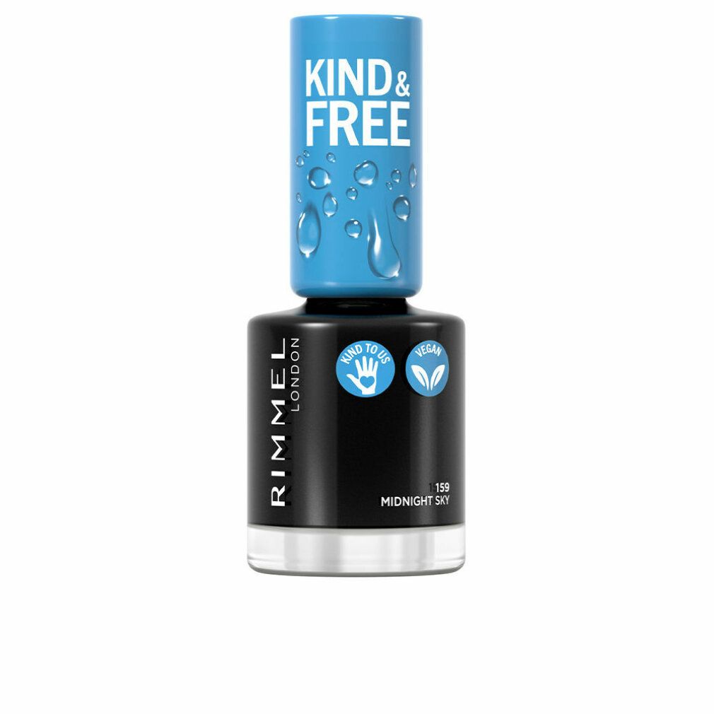 Dunkelblauer Nagellackflakon. Blaue Kappe mit Aufschrift KIND & FREE. Vegan- und Hand-Symbol. Aufschrift: RIMMEL LONDON, 159 Midnight Sky.