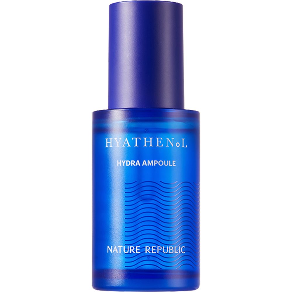 Blaue Serumflasche mit Schriftzug HYATHENOL, Hydra Ampoule und NATURE REPUBLIC. Wellenmuster auf der Flasche.