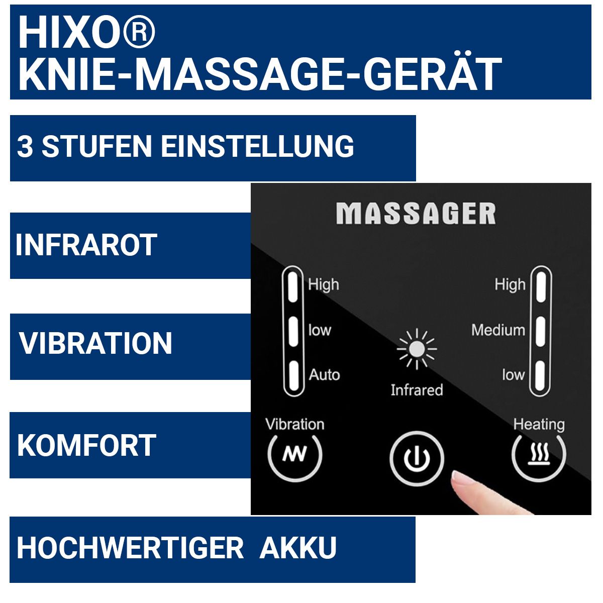 Schwarzes Bedienfeld mit Text: INFRAROT, VIBRATION, KOMFORT. Symbole für Infrarot, Vibration und Heizung. HIXO® Knie-Massagegerät.