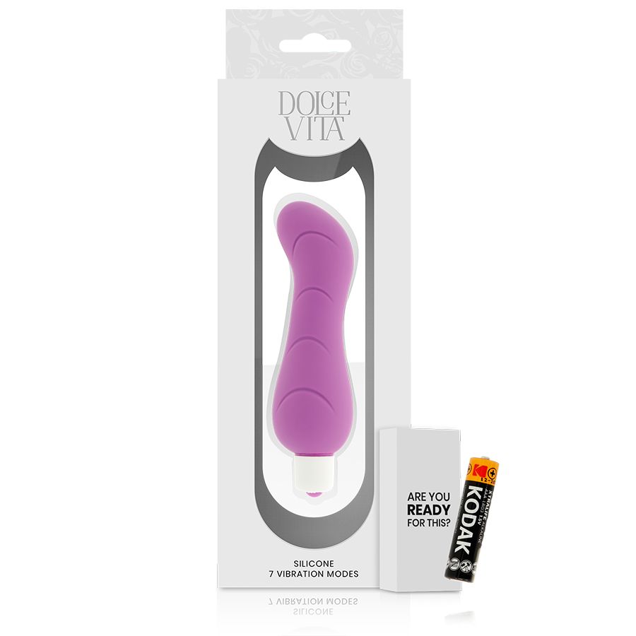 Lila Vibrator aus Silikon mit weißem Kopf. Verpackung mit Batterie und Text: Are you ready for this?