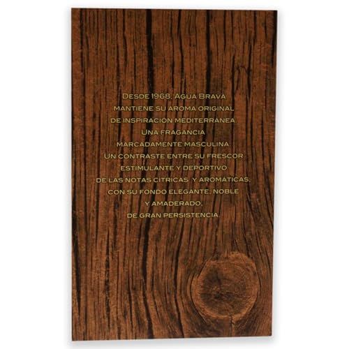 Rückseite einer Box mit Holzmaserung und spanischem Text über Agua Brava.