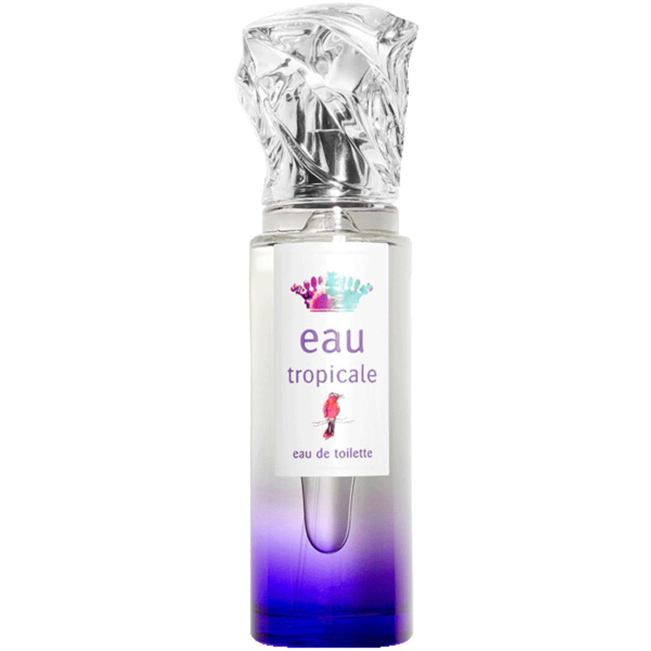 Parfümflakon mit transparentem Deckel. Aufschrift: Eau Tropicale, eau de toilette. Farbverlauf von transparent zu blau.