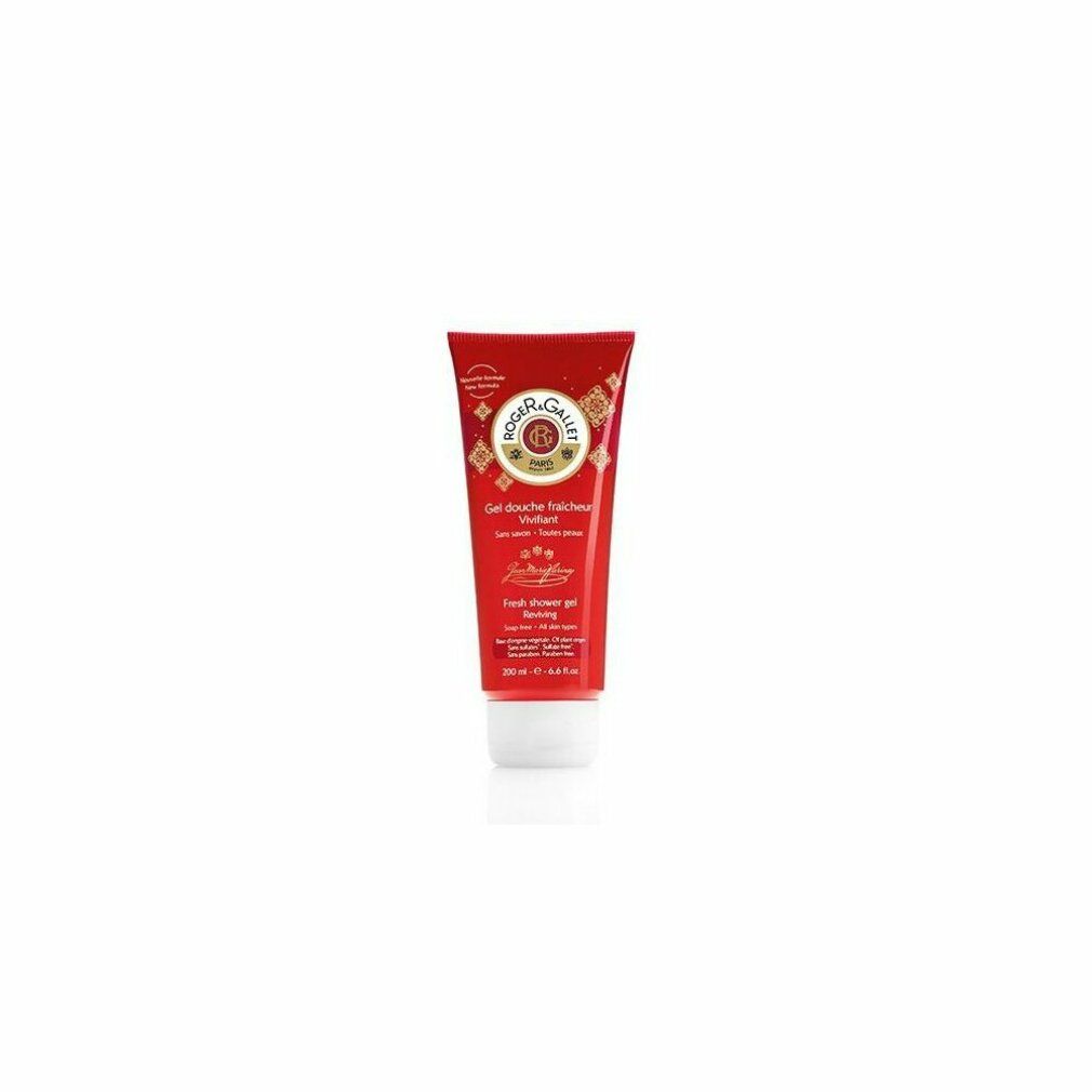 Rote Tube Duschgel. Logo ROGER & GALLET, Schriftzug 'Gel douche fraîcheur Vivifiant'. Text 'Fresh shower gel'.