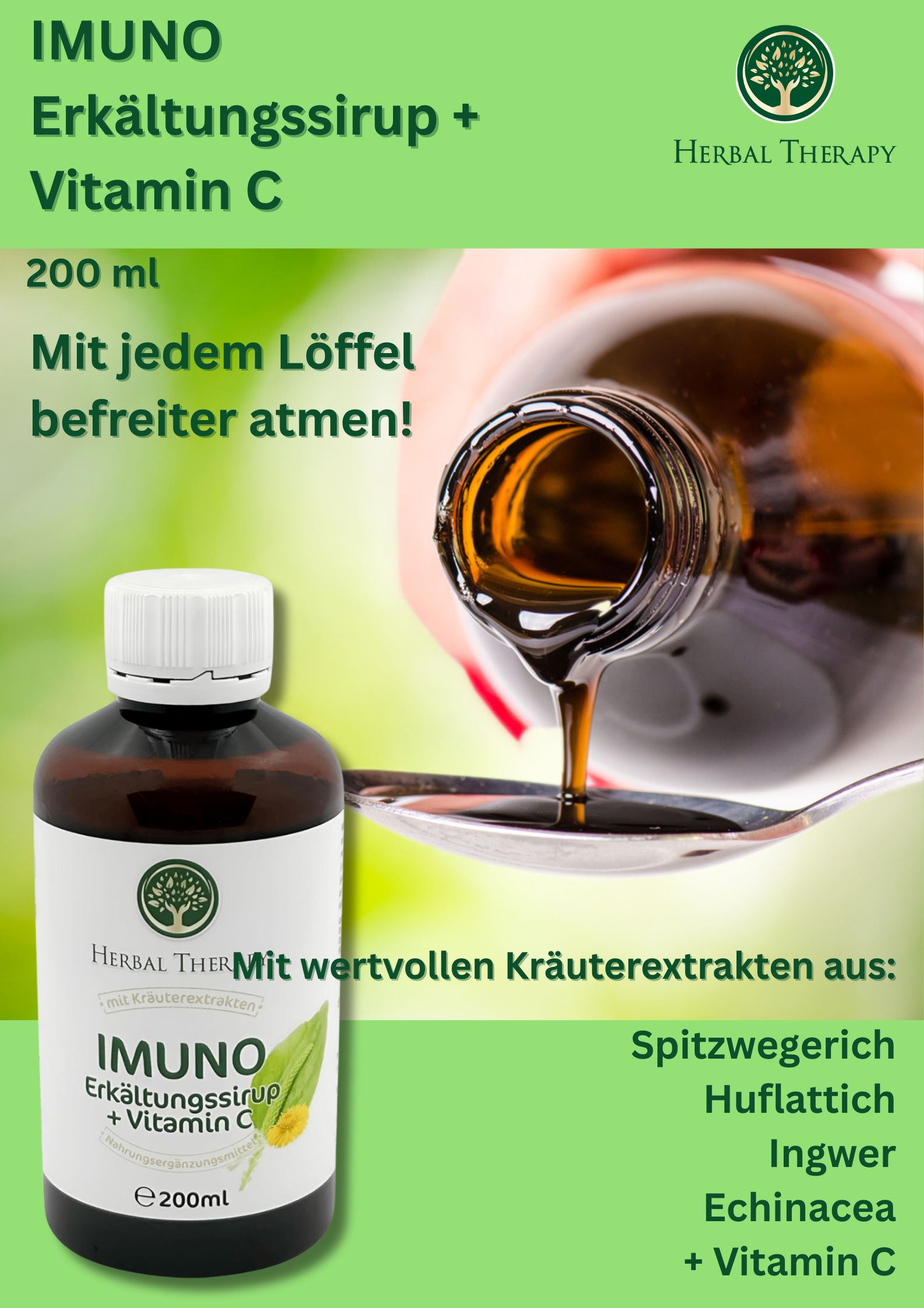 Flasche mit Sirup, der in einen Löffel gegossen wird. Aufschrift: IMUNO Erkältungssirup + Vitamin C. E200ml.