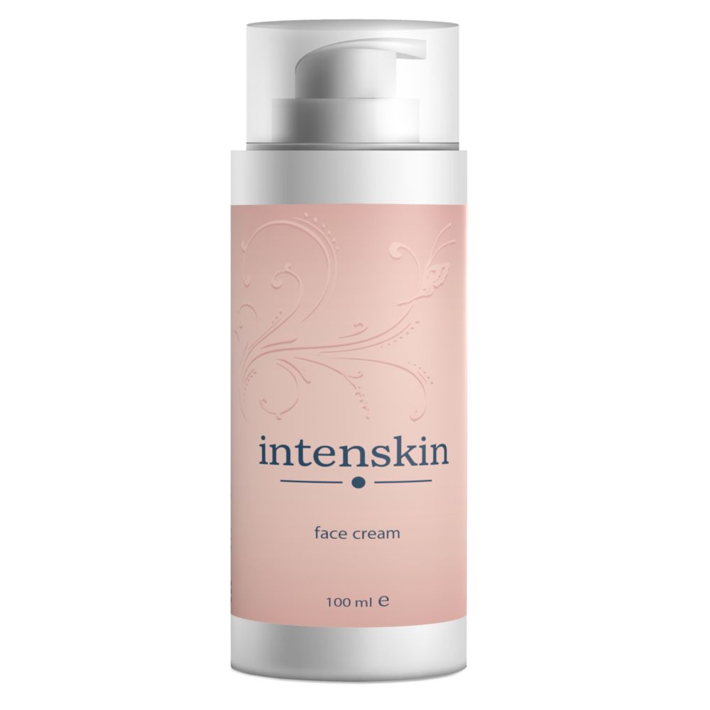 Creme-Spenderflasche mit Aufschrift "intenskin face cream". Rosa Etikett mit floralem Muster. 100 ml.