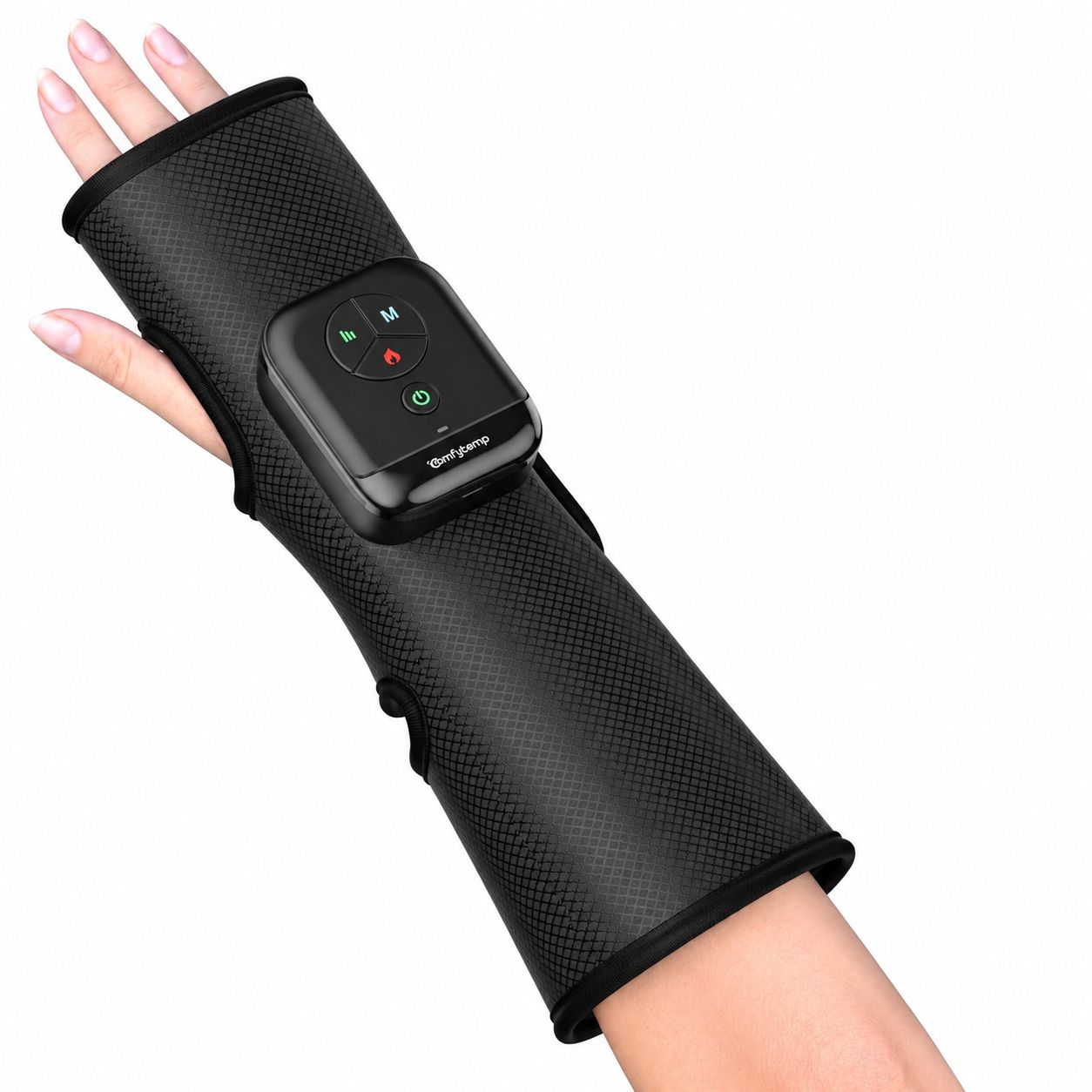 Schwarzes Handgelenk-Massagegerät aus Stoff mit schwarzem Bedienfeld und Bedienelementen.