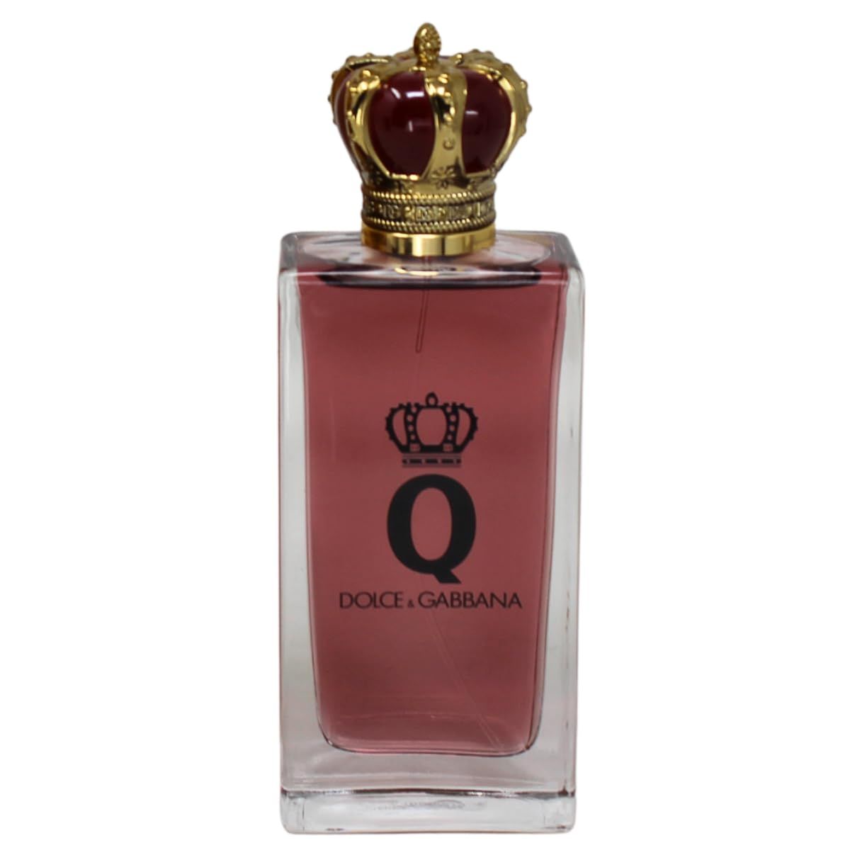 Glasflakon mit rotem Duft. Goldfarbener Kronenverschluss. Aufschrift 'Q' und DOLCE & GABBANA.
