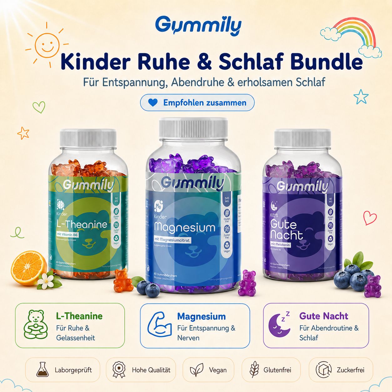 Gummily Kinder Ruhe & Schlaf Bundle: L-Theanin, Magnesium, Gute Nacht.