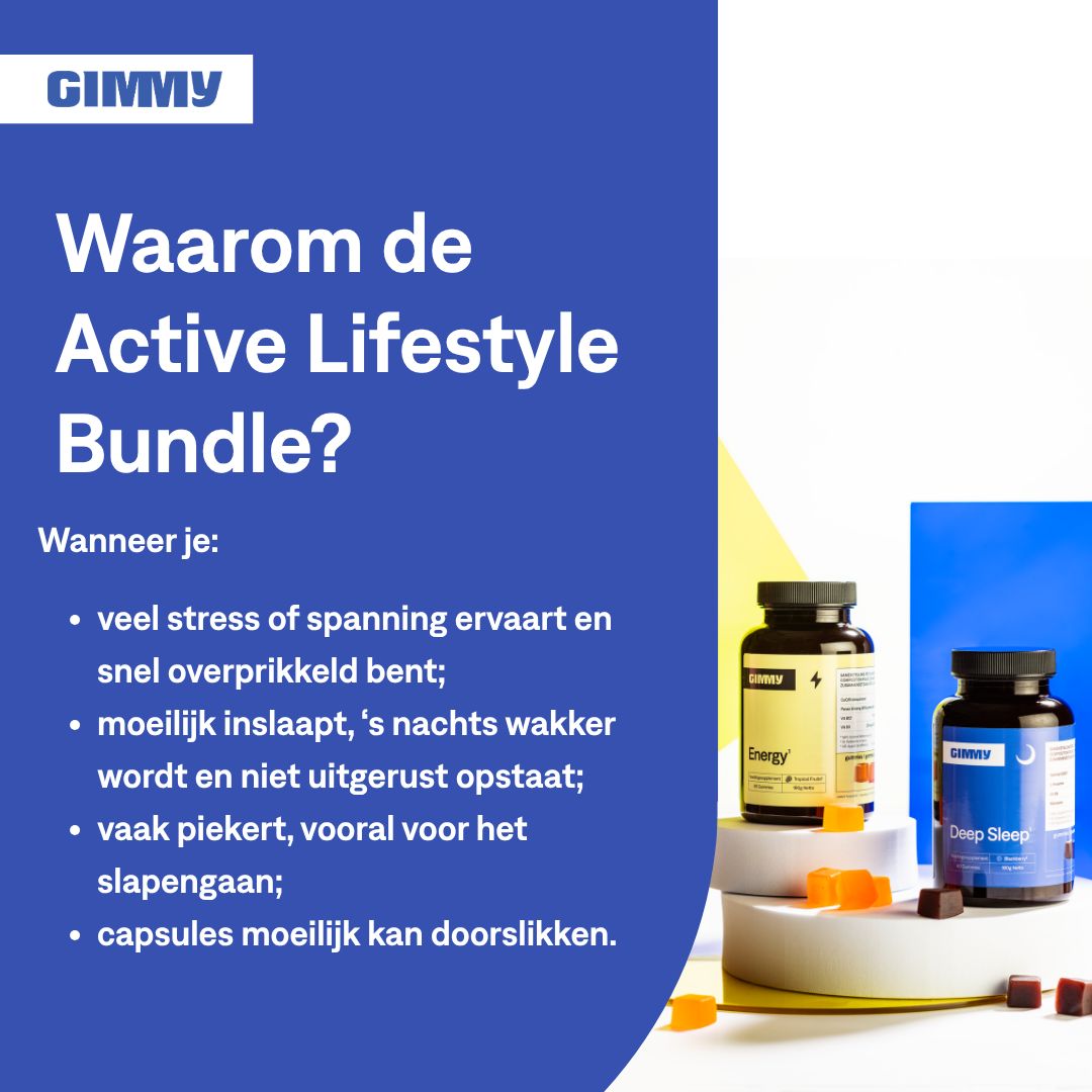 Blauer Hintergrund mit Text: "Warum das Active Lifestyle Bundle?". Zwei Flaschen und Gummibärchen.
