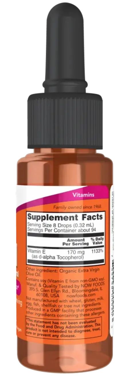 Braune Glasflasche mit schwarzem Tropfer. Etikett mit Nährwertangaben, Vitamin E-Gehalt und Herstellerinformationen.