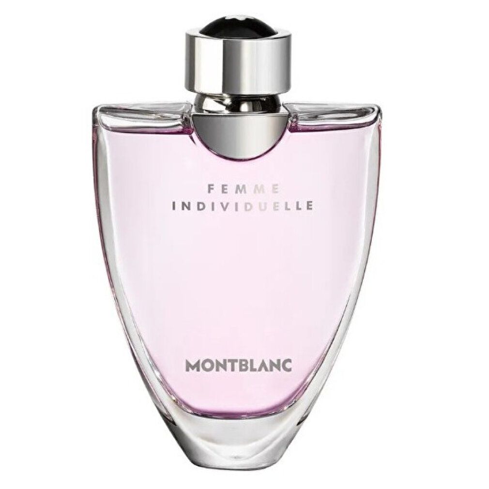 Rosa Parfümflakon mit silbernem Verschluss. Aufschrift: FEMME INDIVIDUELLE, MONTBLANC. Flakon in Tropfenform.