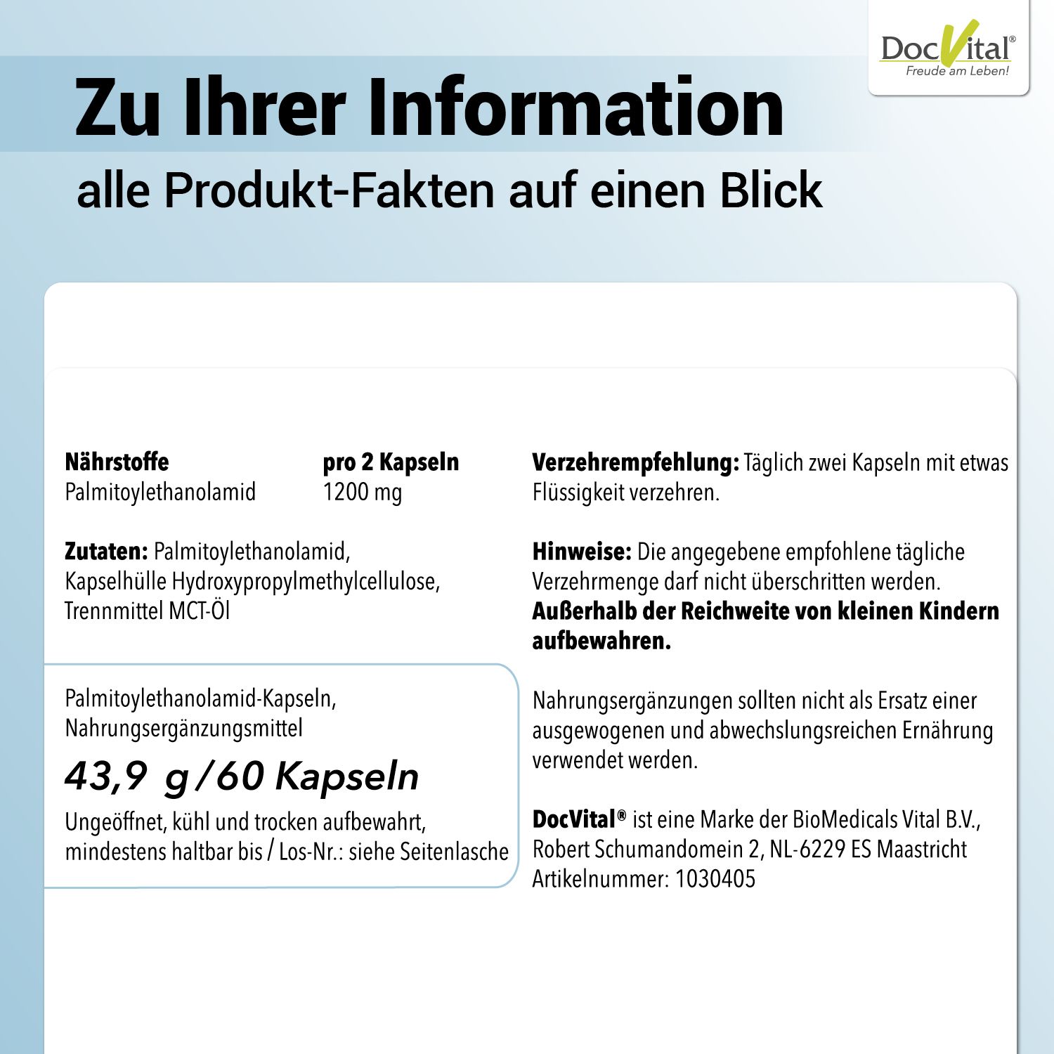 Produktinformationen für PEA Vital 600: Nährwerte, Zutaten, Verzehrempfehlung und Lagerung. Enthält 60 Kapseln.
