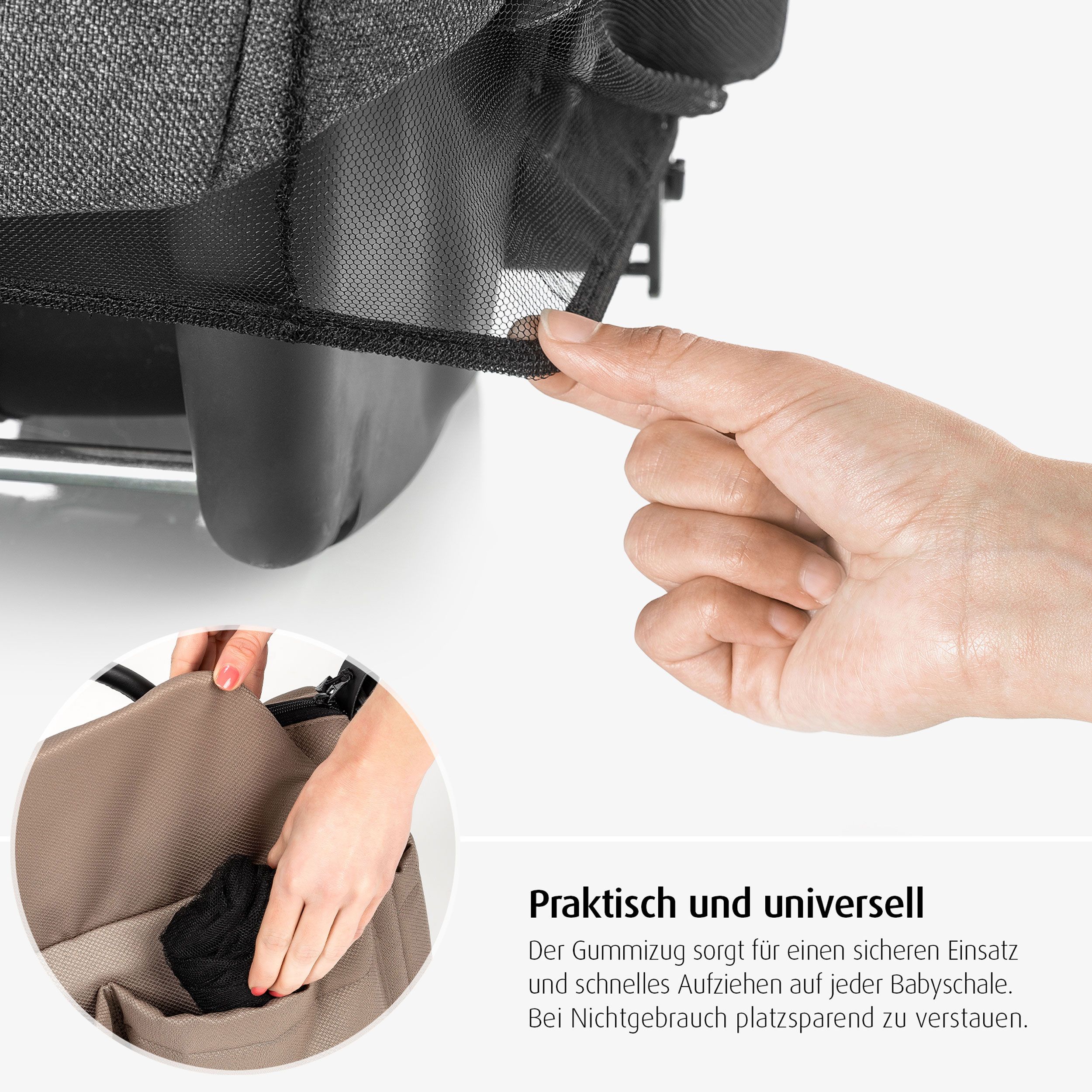 Nahaufnahme einer Hand, die den Rand eines schwarzen Insektenschutznetzes anhebt. Beige Tasche.