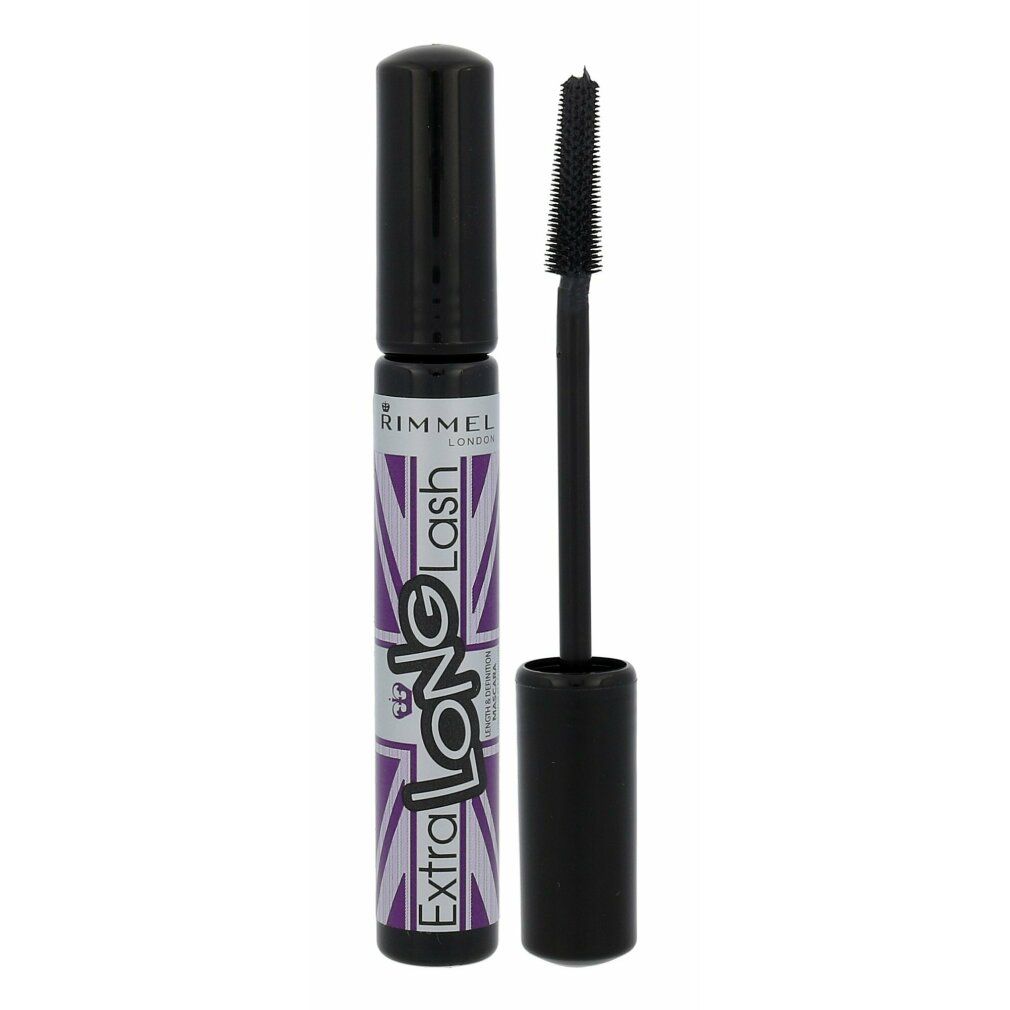 Mascara-Tube mit schwarzem Deckel und Bürste. Lila-weißes Etikett mit Schriftzug 'Extra Long Lash' und 'Rimmel'.