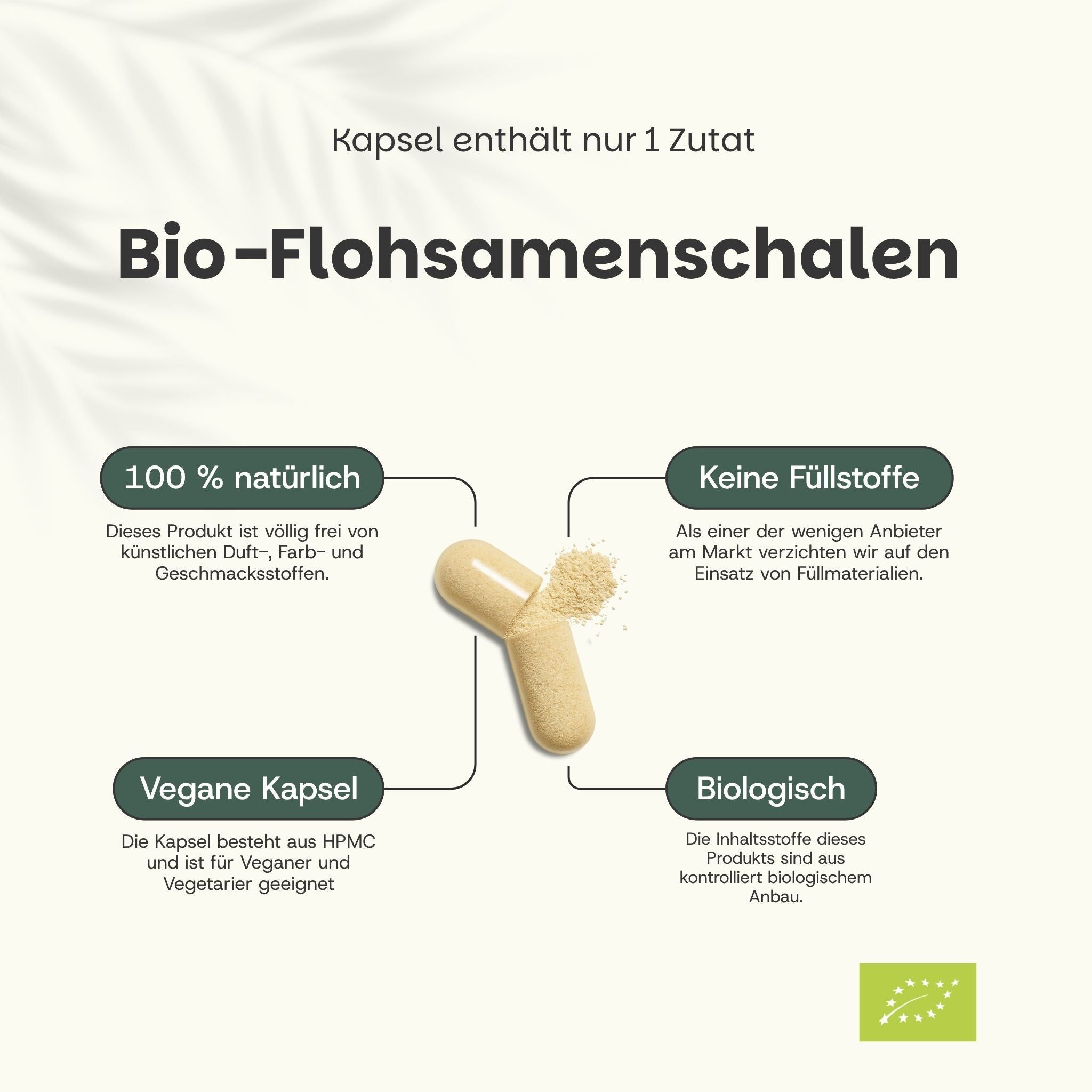 Eine Psyllium Husk Kapsel, geöffnet, zeigt Pulver. 100% natürlich, keine Füllstoffe, vegan.