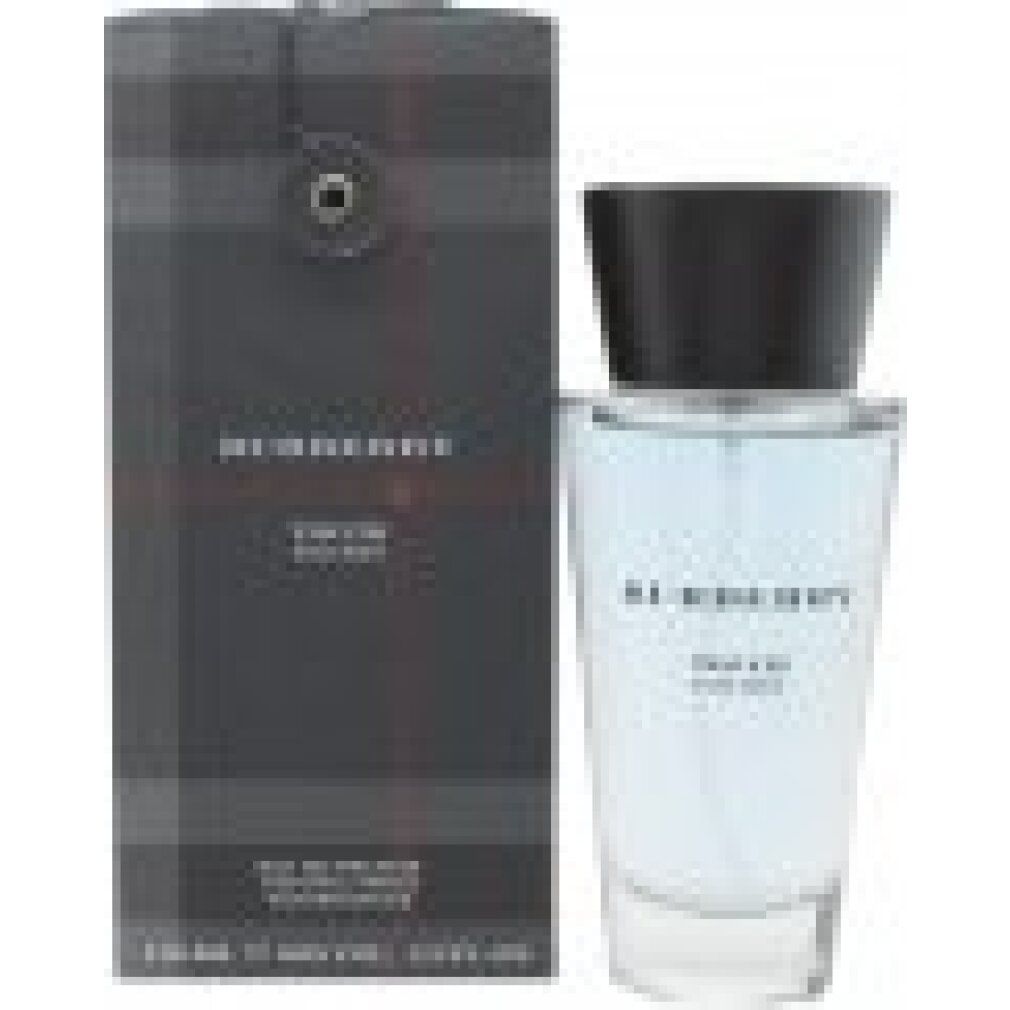Burberry Touch for Men Eau de Toilette Spray. Flakon und Verpackung mit Karomuster. Schwarzer Deckel. Text: Burberry, Touch for Men.