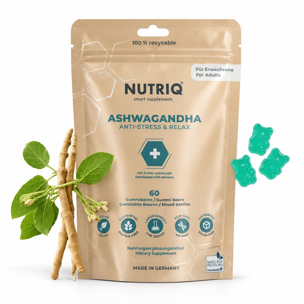 Nutriq Premium Ashwagandha Gummies, 250 mg Wurzelextrakt (Withania somnifera), vegan & zuckerfrei 60 St
