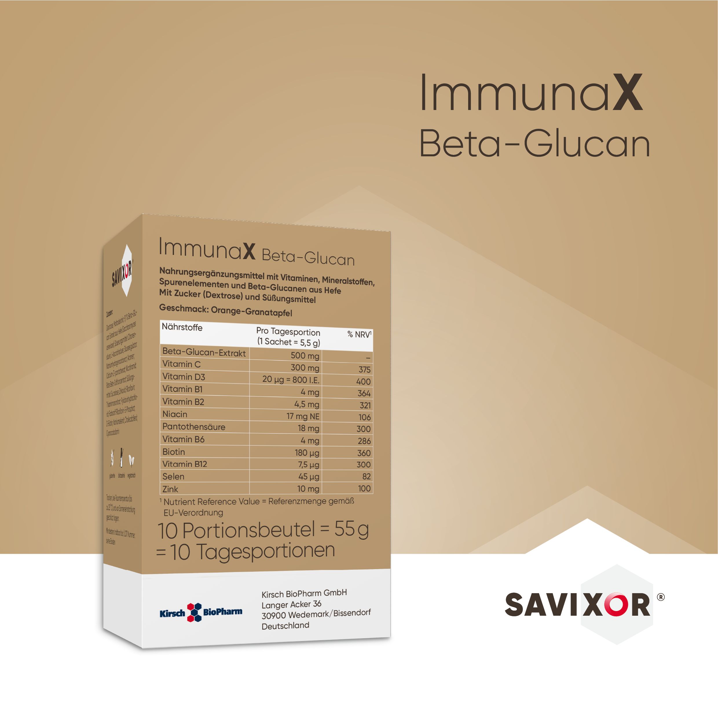 Braune Schachtel mit Produktinformationen. Enthält Beta-Glucan, Vitamine und Mineralstoffe. Marke: Savixor ImmunaX.