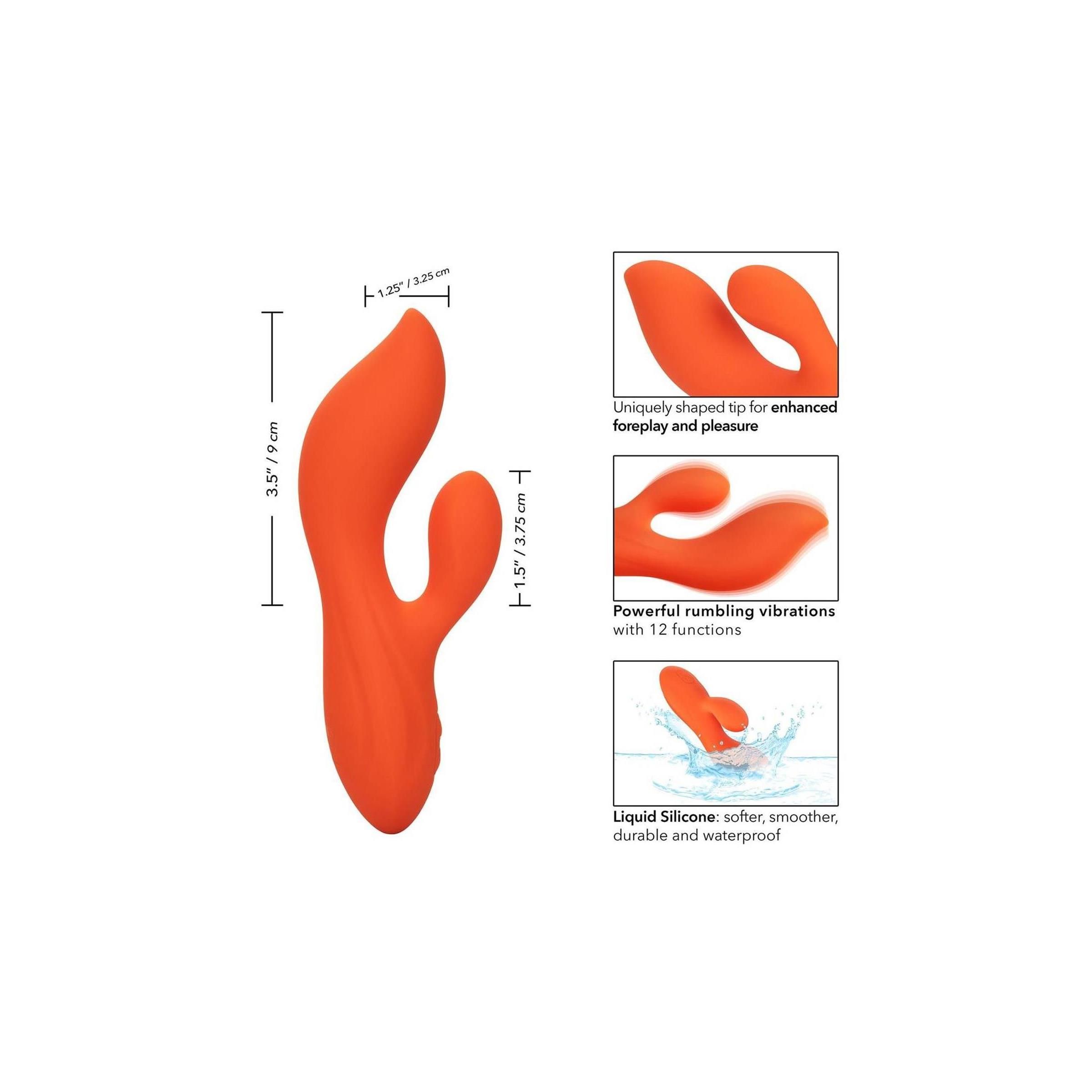 Orangefarbenes Wellness-Produkt. Maße: 9 cm hoch, 3,75 cm breit. Mit 12 Funktionen.