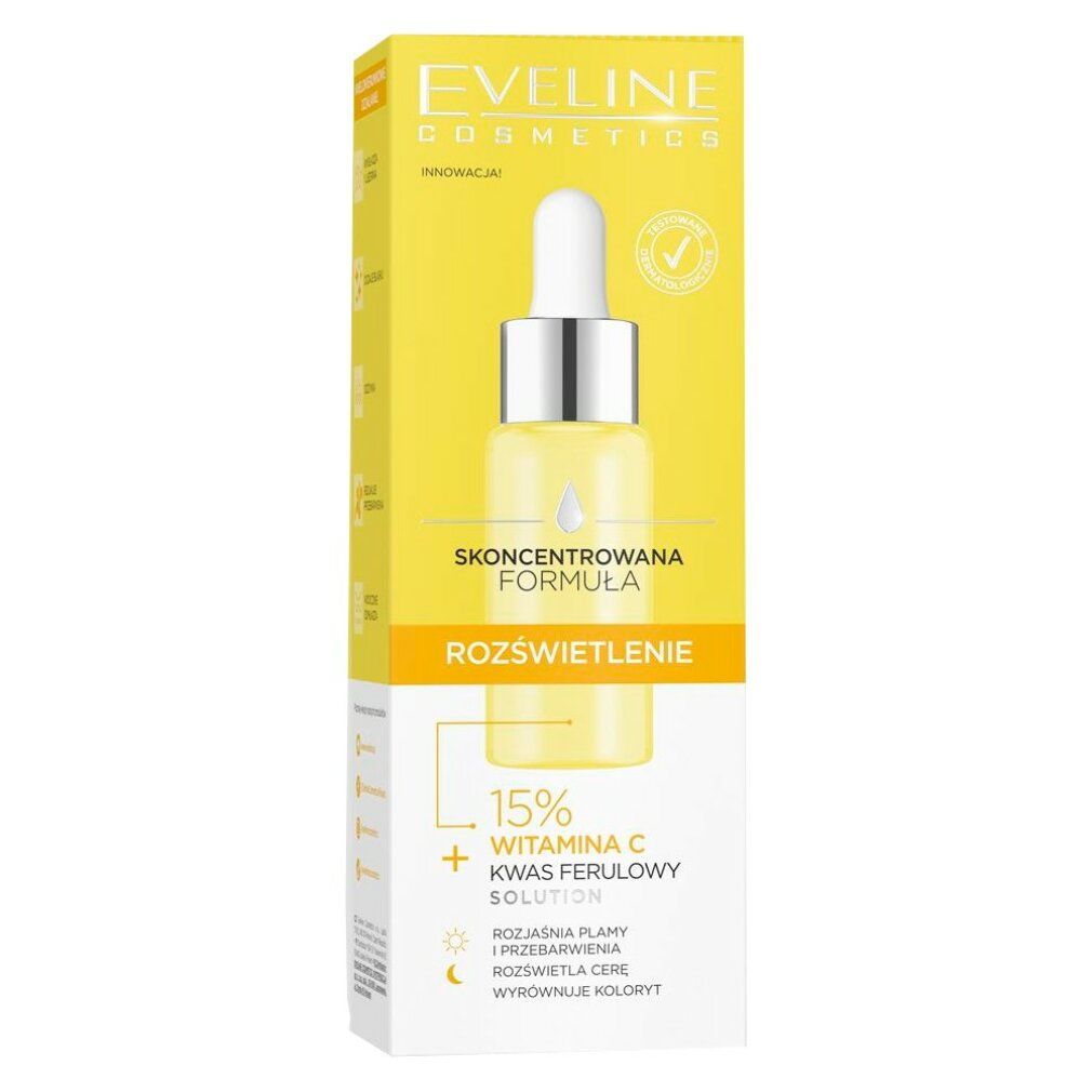 Gelbe Verpackung mit Serumflasche. Aufschrift: Eveline Cosmetics, Skoncentrowana Formuła, Rozświetlenie, 15% Witamin C + Kwas Ferulowy.