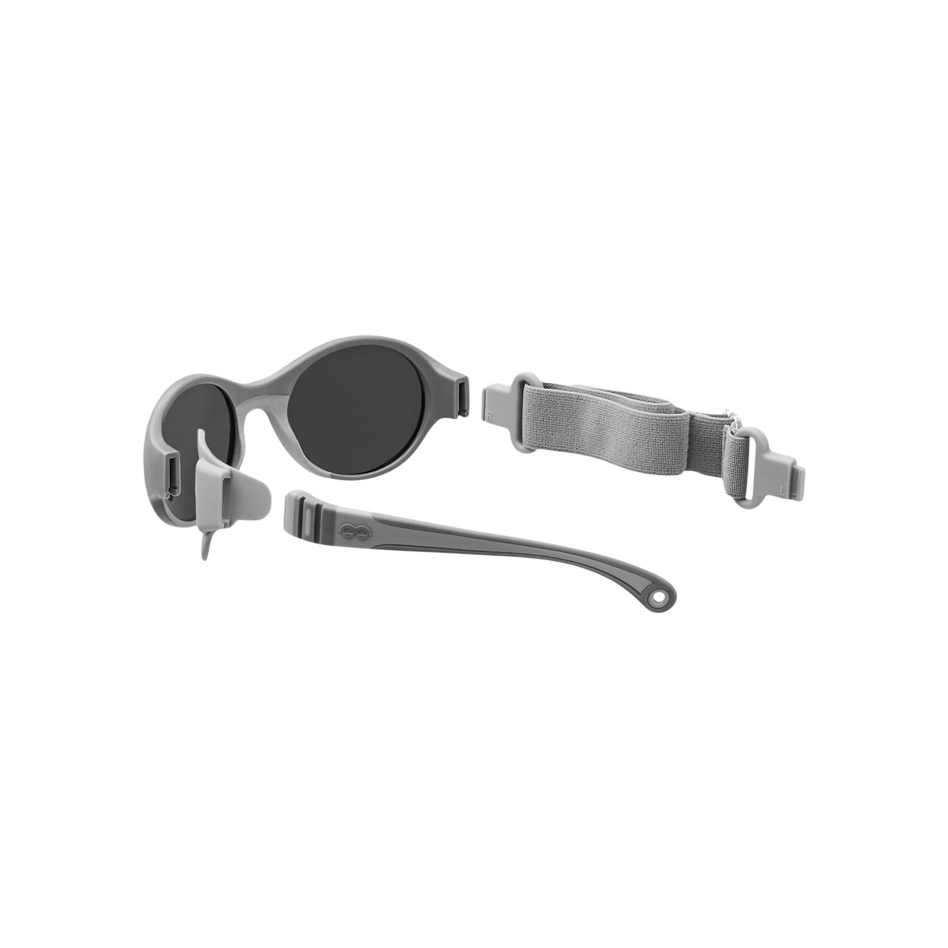 Graue Sonnenbrille mit schwarzen Gläsern. Einzelteile: Brillenrahmen, Bügel, Band.