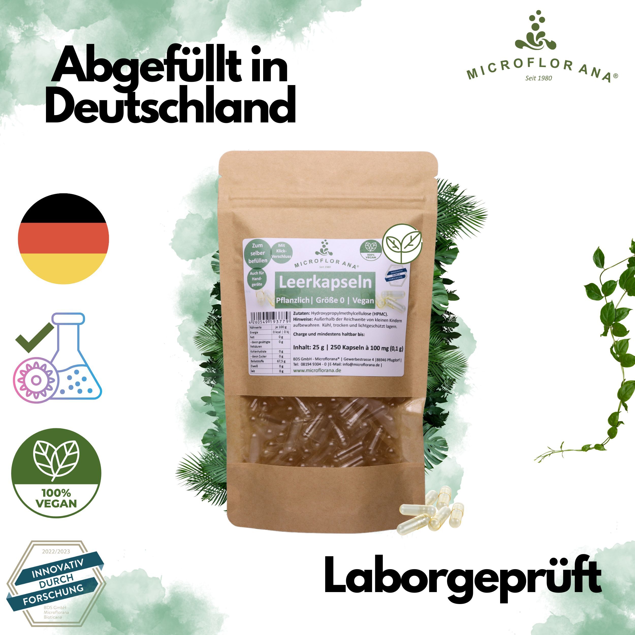 Beutel mit Leerkapseln, Logo und Text. Abgefüllt in Deutschland. 100% vegan. Laborgeprüft.