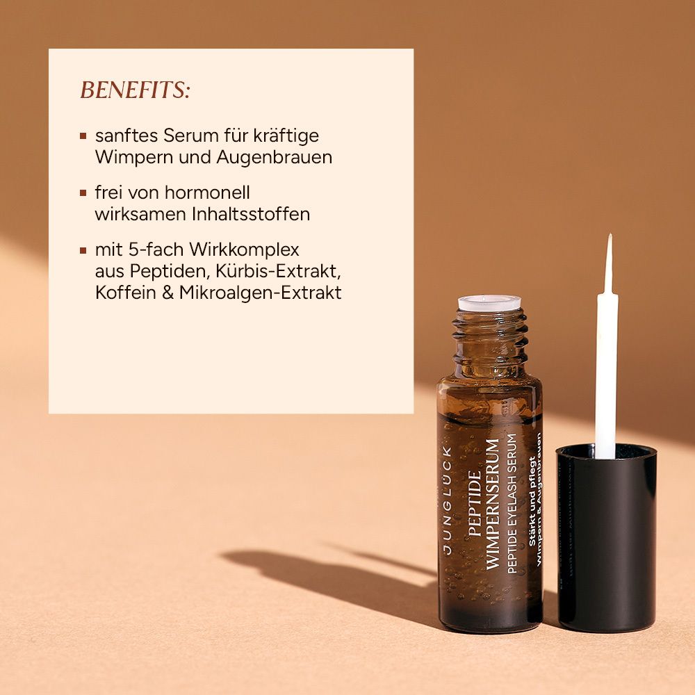 Produktflasche mit Applikator neben Text. Text: Vorteile, sanftes Serum, frei von hormonellen Inhaltsstoffen.