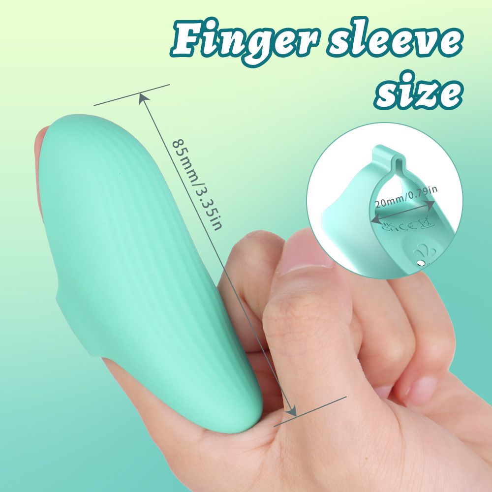 Türkisfarbener Finger-Vibrator. Abmessungen: 85mm/3.35in. Detailansicht: 20mm/0.79in. Gezeigt in einer Hand.