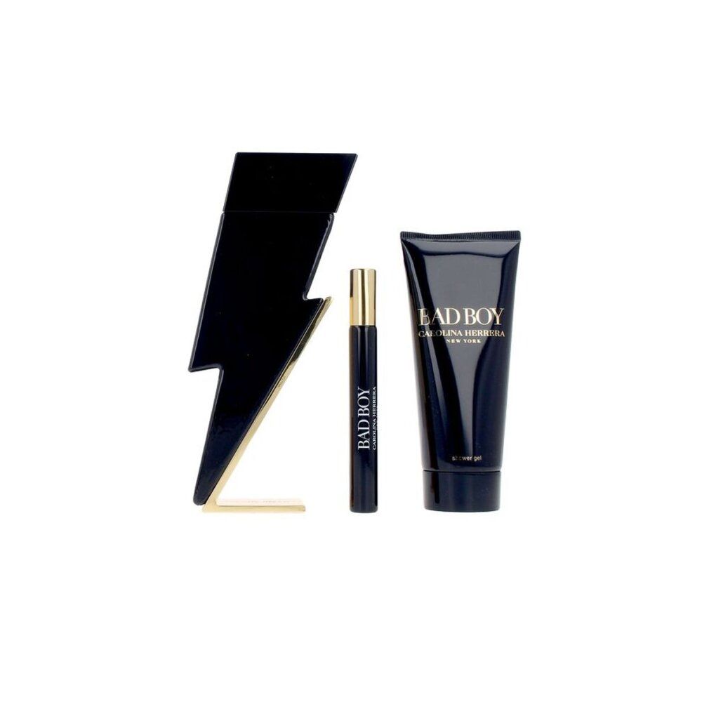 Schwarzer Blitz-Parfümflakon, Roll-on-Parfüm und Duschgel. Goldfarbene Akzente. Bad Boy- und Carolina Herrera-Logo sichtbar.