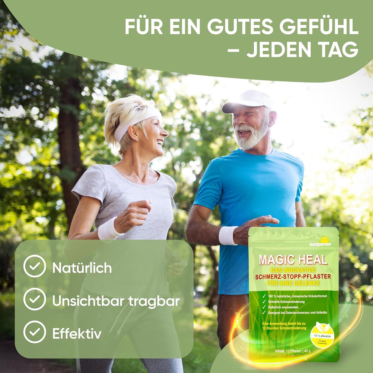 Älteres Paar beim Joggen. Im Hintergrund Verpackung mit Produktnamen. Produktmerkmale: natürlich, unsichtbar, effektiv.