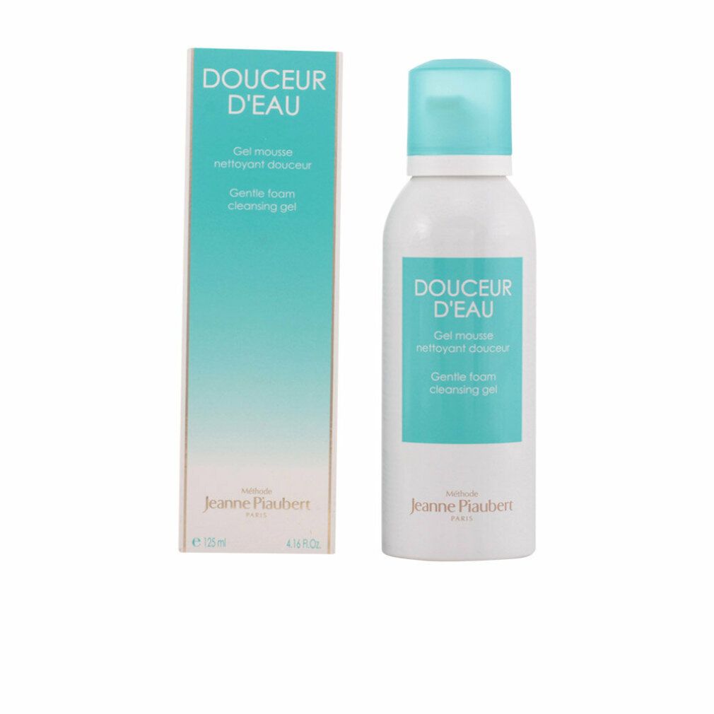 Produktflasche und Verpackung. Aufschrift: Douceur d'Eau, Gel Mousse, Gentle Foam Cleansing Gel. Marke: Methode Jeanne Piaubert.