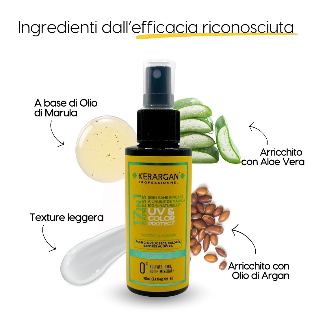 Kerargan Tonico UV & Color Protect. Flacone giallo con vaporizzatore. Ingredienti: Olio di Marula, Aloe Vera, olio di Argan, texture.