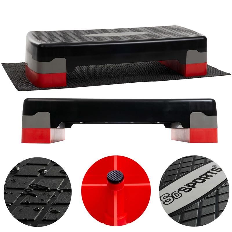 Stepper, schwarz, mit rotem und grauem Akzent. Detailansichten: Oberfläche, Fuß, Logo ScSPORTS®.