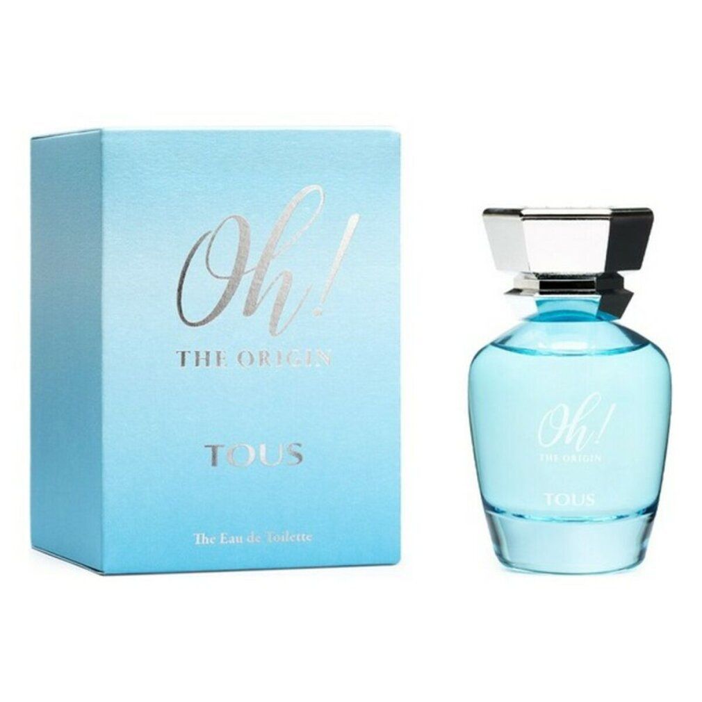 Hellblaues Eau de Toilette mit passender Schachtel. Auf der Flasche und der Schachtel steht "Oh! The Origin" und "TOUS".